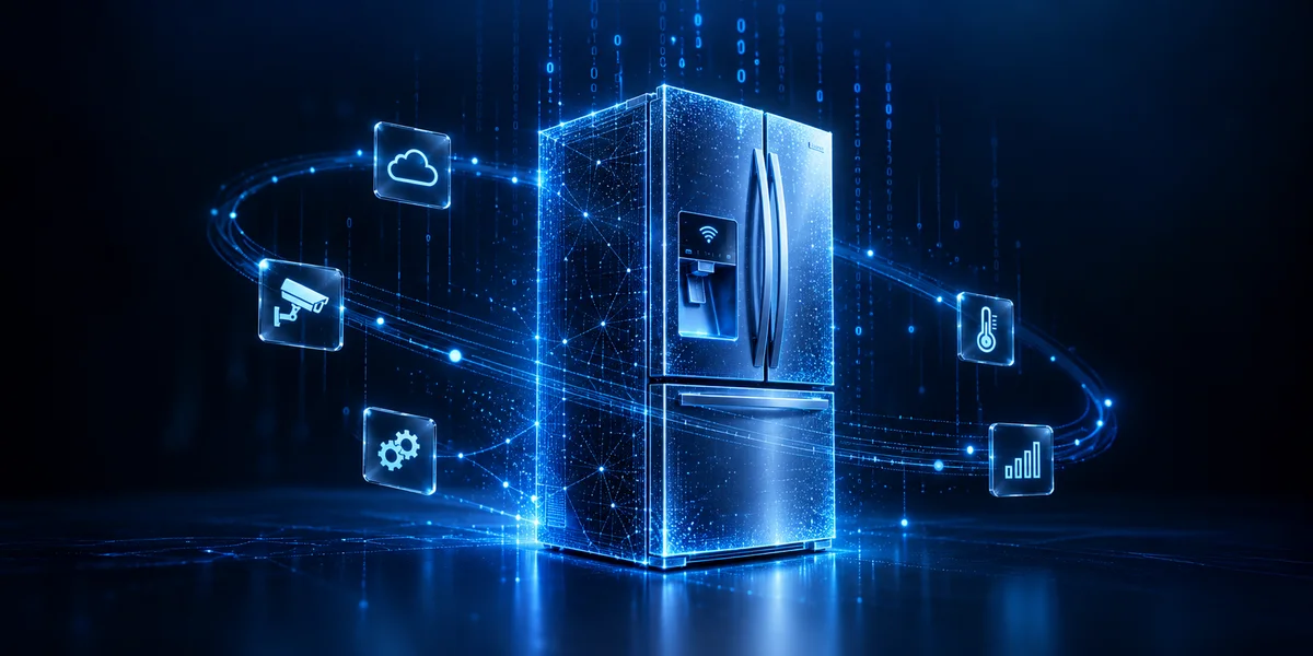 Digital illustration of a connected refrigerator surrounded by network data, highlighting cybersecurity risks associated with smart devices and business IT networks.
